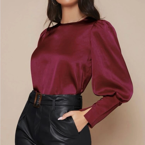 Luxe button cuff lantern sleeve satin blouse - Picture 4 of 13
